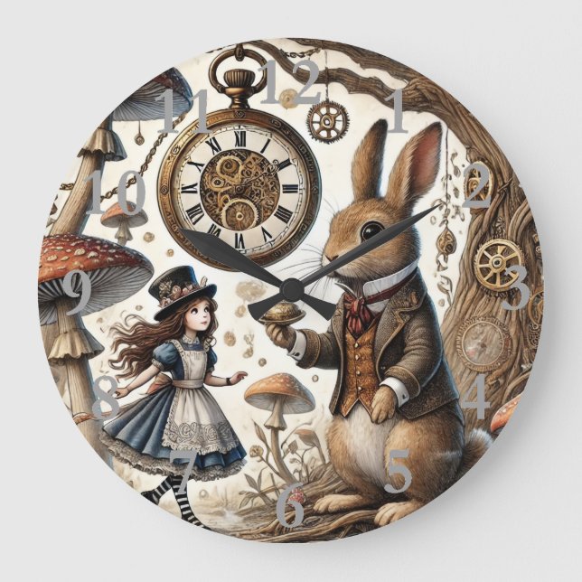 Grande Horloge Ronde Alice au Pays des Merveilles Lapin Blanc Art du th (Recto)