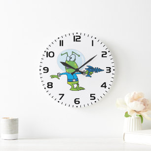 Grande Horloge Ronde Alien drôle avec Ray Gun Sci-Fi Space Invader