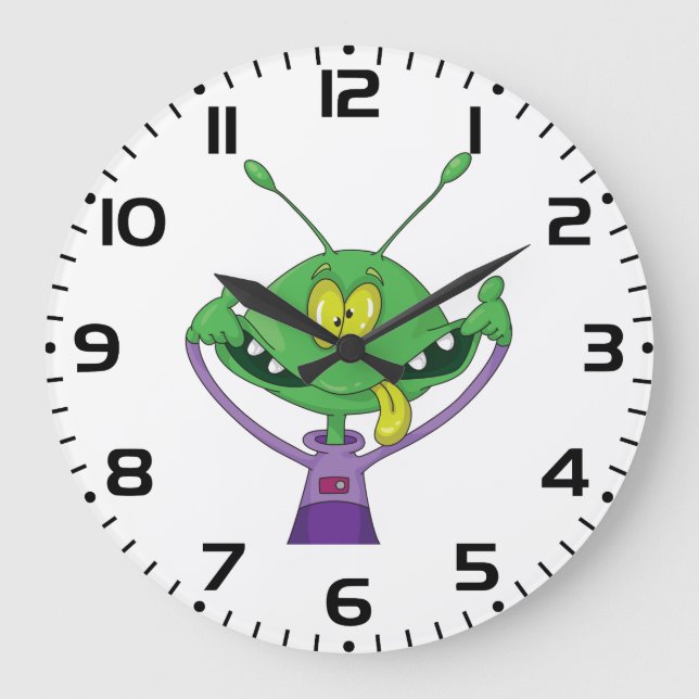 Grande Horloge Ronde Alien vert drôle faisant une grimace (Recto)
