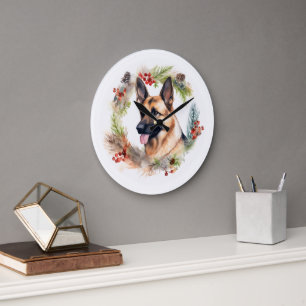 Grande Horloge Ronde Allemand Berger Noël Wreath Festive Pup