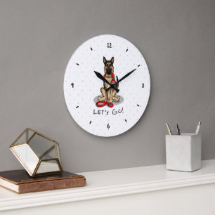 Grande Horloge Ronde Allons-y ! Chien berger allemand (noir et feu)
