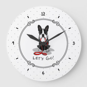 Grande Horloge Ronde Allons-y ! Chien de Boston Terrier (noir) drôle