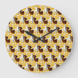 Grande Horloge Ronde Alpacas Brown Et Blancs Avec Fleurs De Cactus,