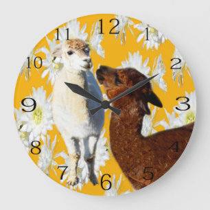 Grande Horloge Ronde Alpacas Laineux Brown Et Blanc Avec Fleurs Cactus,
