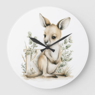 Grande Horloge Ronde Alphabet mignon des bébés animaux à l'aquarelle Ka