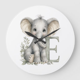 Grande Horloge Ronde Alphabet mignon en aquarelle des bébés animaux Élé