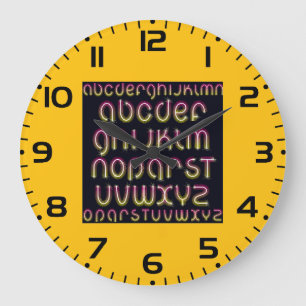 Grande Horloge Ronde Alphabet néon rétro des années 80 rose et jaune