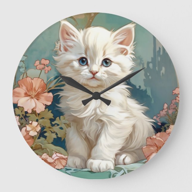 Grande Horloge Ronde Alphonse Mucha Style Chat blanc (Recto)