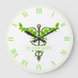 Grande Horloge Ronde Alternative Médicale Caduceus Vert Feuilles Blanc