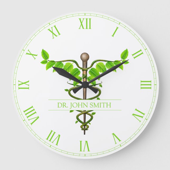 Grande Horloge Ronde Alternative Médicale Caduceus Vert Feuilles Blanc (Recto)