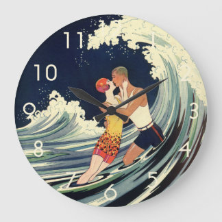 Grande Horloge Ronde Amants Art Déco vintage s'embrassent dans les vagu