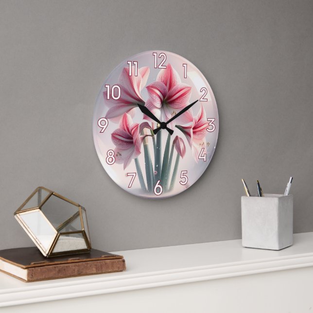 Grande Horloge Ronde Amaryllis Fleurs blanches roses (Bureau)