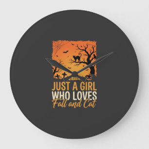 Grande Horloge Ronde Amateur de chat Halloween Crépuscule d'automne Gra