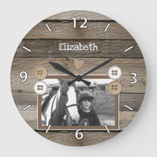 Grande Horloge Ronde Amateur de chevaux avec nom et photo rustique