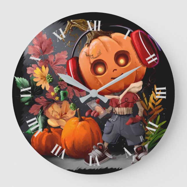 Grande Horloge Ronde Amateur de musique citrouille Halloween (Recto)