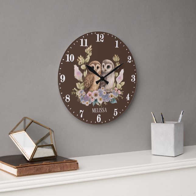 Grande Horloge Ronde Amateurs de chouette ajouter le nom (Bureau)
