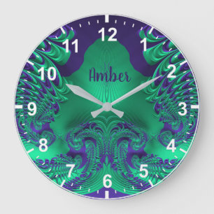 Grande Horloge Ronde AMBER ~ WOW! Motif fractal vert et pourpre ~