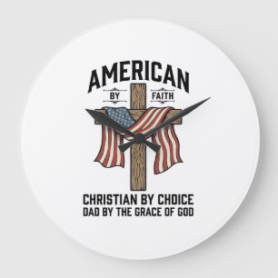 Grande Horloge Ronde Américain par la Foi Christian Papa Croix Patrioti