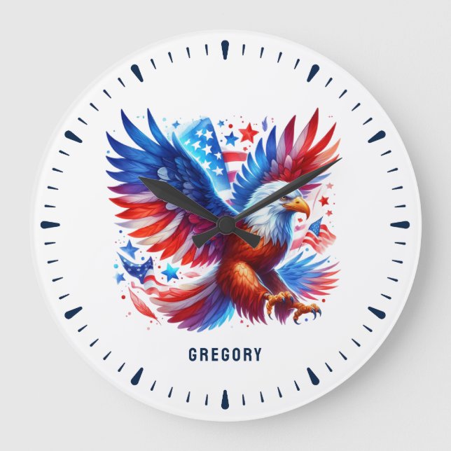 Grande Horloge Ronde American Eagle Patriotique Design Rouge Blanc Bleu (Recto)