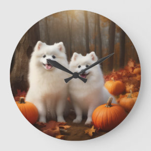 Grande Horloge Ronde American Eskimo Chiot Automne Citrouille délice