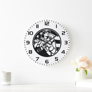 Grande Horloge Ronde American Firefighter Hero Gras Noir Et Blanc