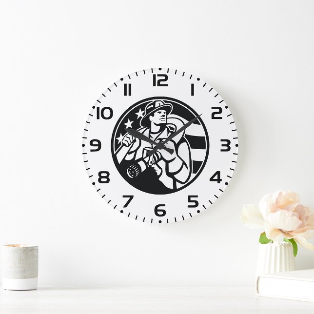Grande Horloge Ronde American Firefighter Hero Gras Noir Et Blanc (Créateur téléchargé)