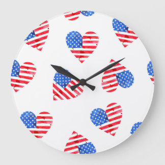 Grande Horloge Ronde American Flag Hearts Aquarelle en toute transparen