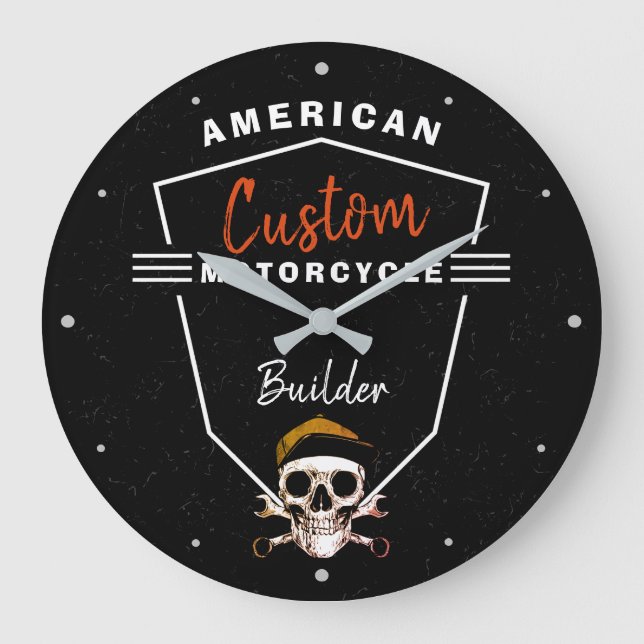 Grande Horloge Ronde American Motorcycle Builder Custom Mechanic Crâne  (Recto)