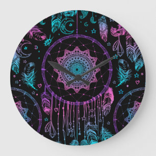 Grande Horloge Ronde Amérindien Dreamcatcher Moon Motif