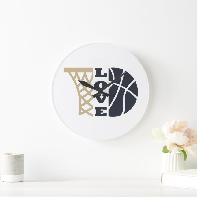 Grande Horloge Ronde amour basket-ball et balle bleue (Maison)