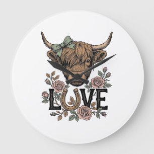 Grande Horloge Ronde Amour de vache des Highlands Fleur vintage Art de