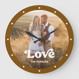 Grande Horloge Ronde Amour Écriture moderne avec photo Brun rustique