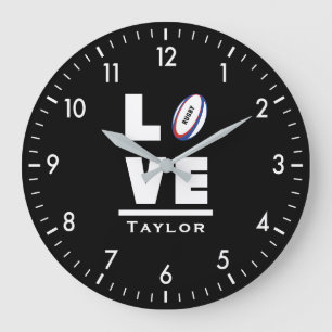 Grande Horloge Ronde Amour et vie Rugby Fan Nom personnalisé