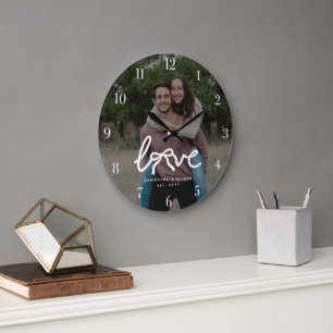 Grande Horloge Ronde Amour Moderne Couple Typographie Photo Personnalis