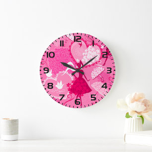 Grande Horloge Ronde Amour romantique Silhouette Motif Coeurs roses