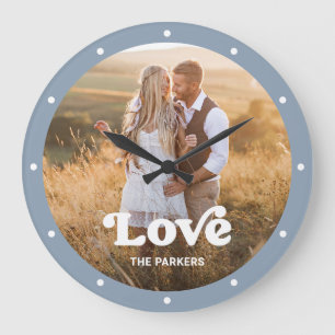 Grande Horloge Ronde Amour   Script moderne avec photo Dusty Blue
