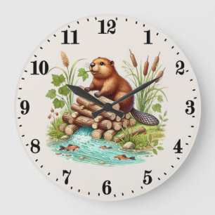 Grande Horloge Ronde Amoureux de castor mignon animal de la forêt 
