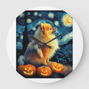 Grande Horloge Ronde Amoureux de chiens Poméranie Peinture de van gogh