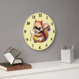 Grande Horloge Ronde Amoureux de l'écureuil mignon banane