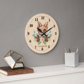 Grande Horloge Ronde amoureux de renard mignon ajouter nom 