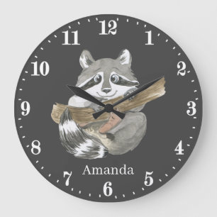 Grande Horloge Ronde amoureux des animaux de raton laveur mignons ajout