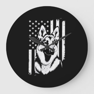 Grande Horloge Ronde Amoureux du chien berger allemand Drapeau américai