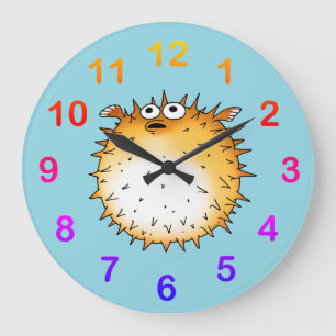 Grande Horloge Ronde Amusant dessin animé Puffer Poisson Design