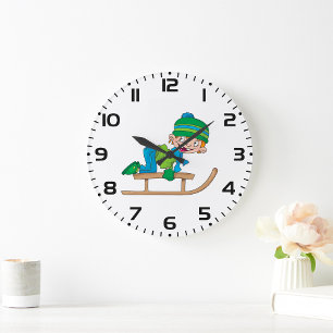 Grande Horloge Ronde Amusant Hiver Sledding Boy mignonne Snow Adventure