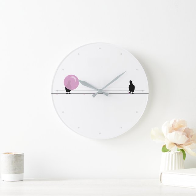 Grande Horloge Ronde Amusant mignon Bubble rose Oiseaux de gomme sur un (Maison)