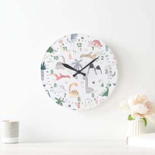 Grande Horloge Ronde Amusant Pastel Dinosaur Motif de scène