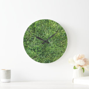 Grande Horloge Ronde Amusante herbe verte vraie texture photo motif pla