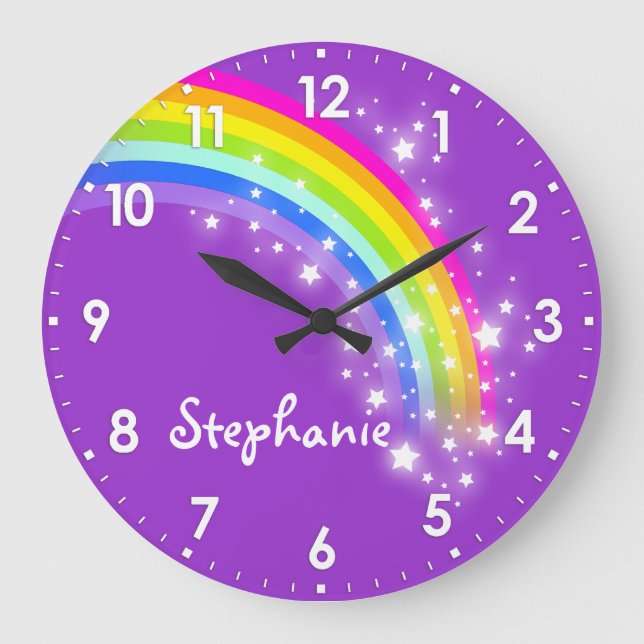 Grande Horloge Ronde Amusants enfants filles rainbow nom mauve mural ho (Recto)