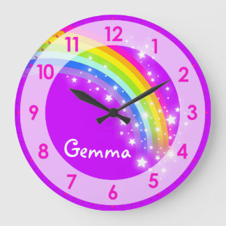 Grande Horloge Ronde Amusants enfants filles rainbow nom mauve mural ho