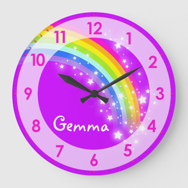 Grande Horloge Ronde Amusants enfants filles rainbow nom mauve mural ho (Recto)